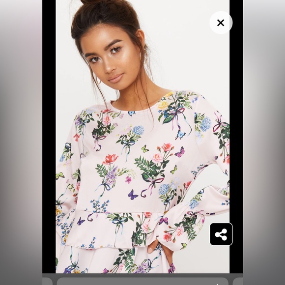 Pretty Little Thing Pale Pink Floral Butterfly Satin Peplum Blouse - Picture 2 of 9